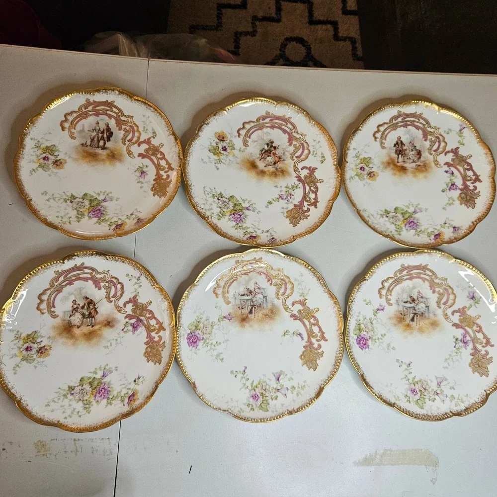 Antique Limoges France AK CD Courting Scene Gold Gilt Scalloped Rim Plates 8.5